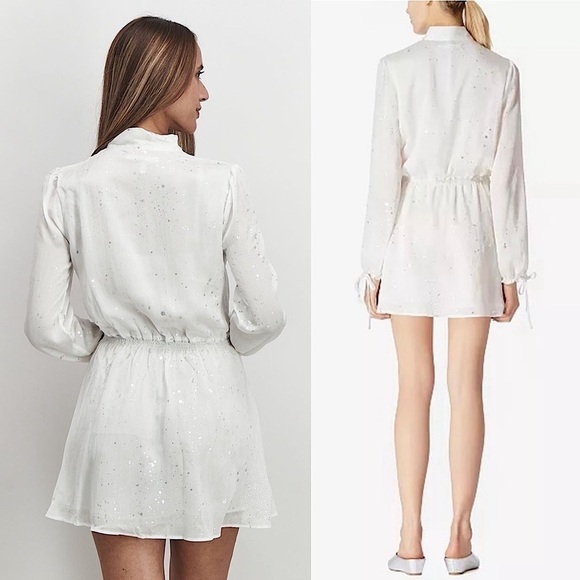 NWT AVEC FILLES Metallic Abstract Print Long Sleeve Tie Neck Ruffle Cuff Dress M - Picture 4 of 8